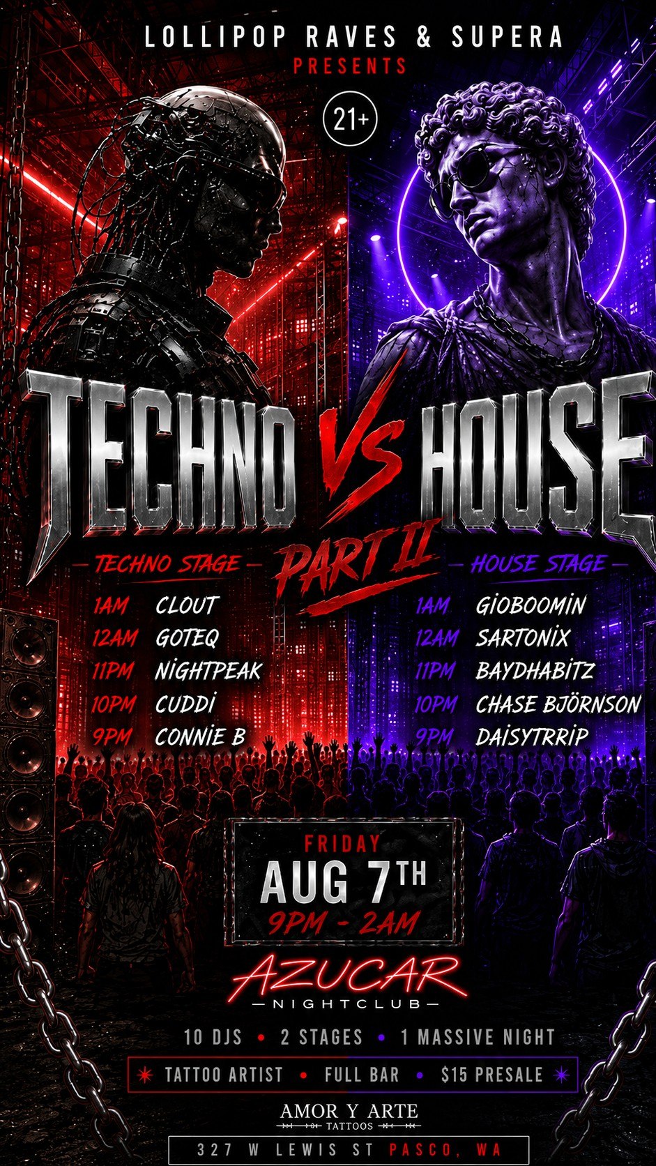 Lollipop Raves: Techno vs House Part 2 flyer — Azúcar, Pasco WA