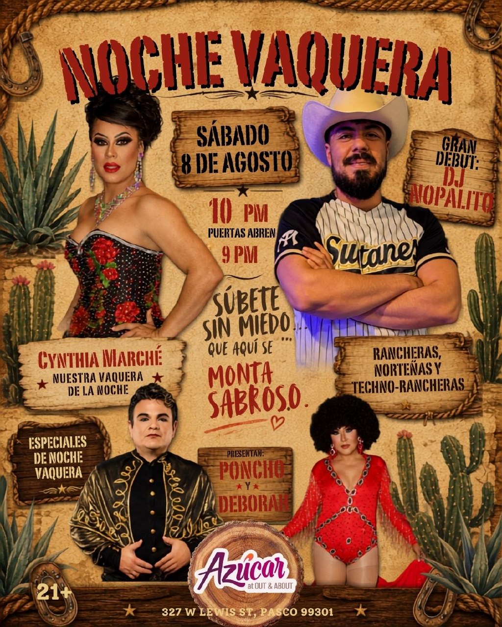 Noche Vaquera: Cynthia Marche, DJ Nopalitos, Poncho y Deborah flyer — Azúcar, Pasco WA