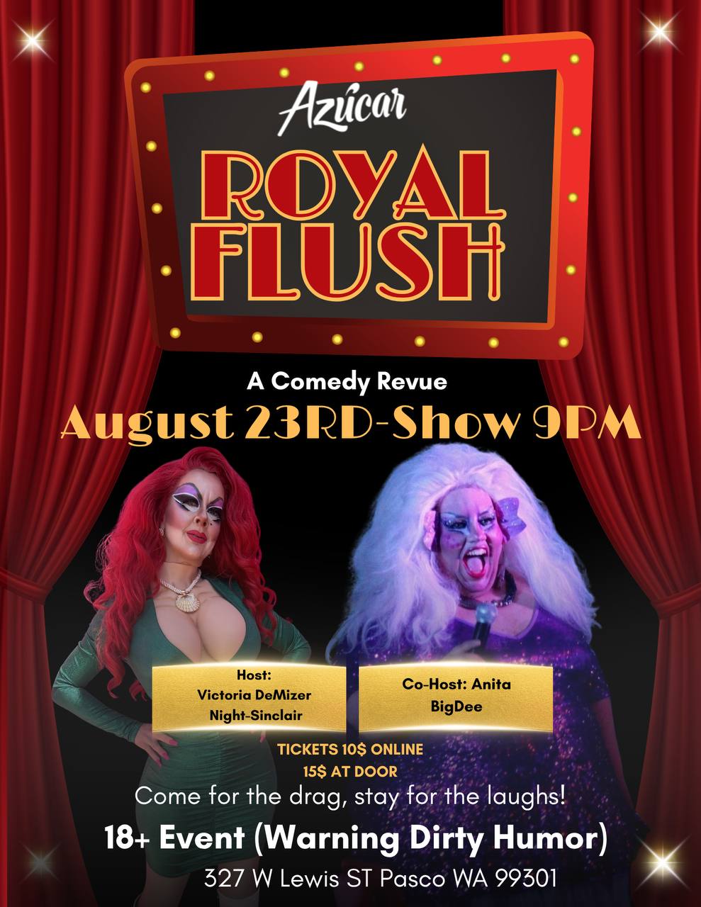 Royal flush comedy drag show flyer — Azúcar, Pasco WA