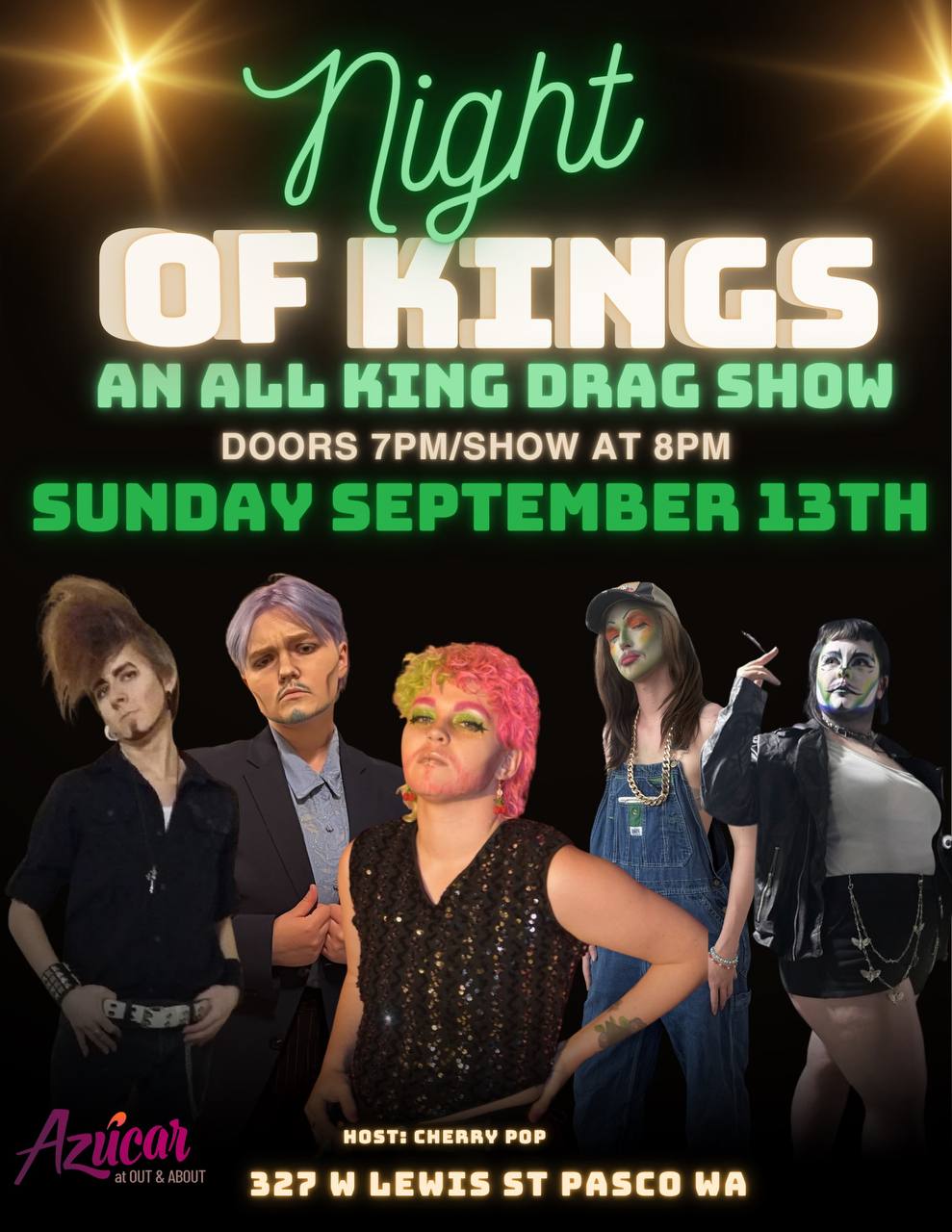Night of Kings; An All King Drag Show flyer — Azúcar, Pasco WA