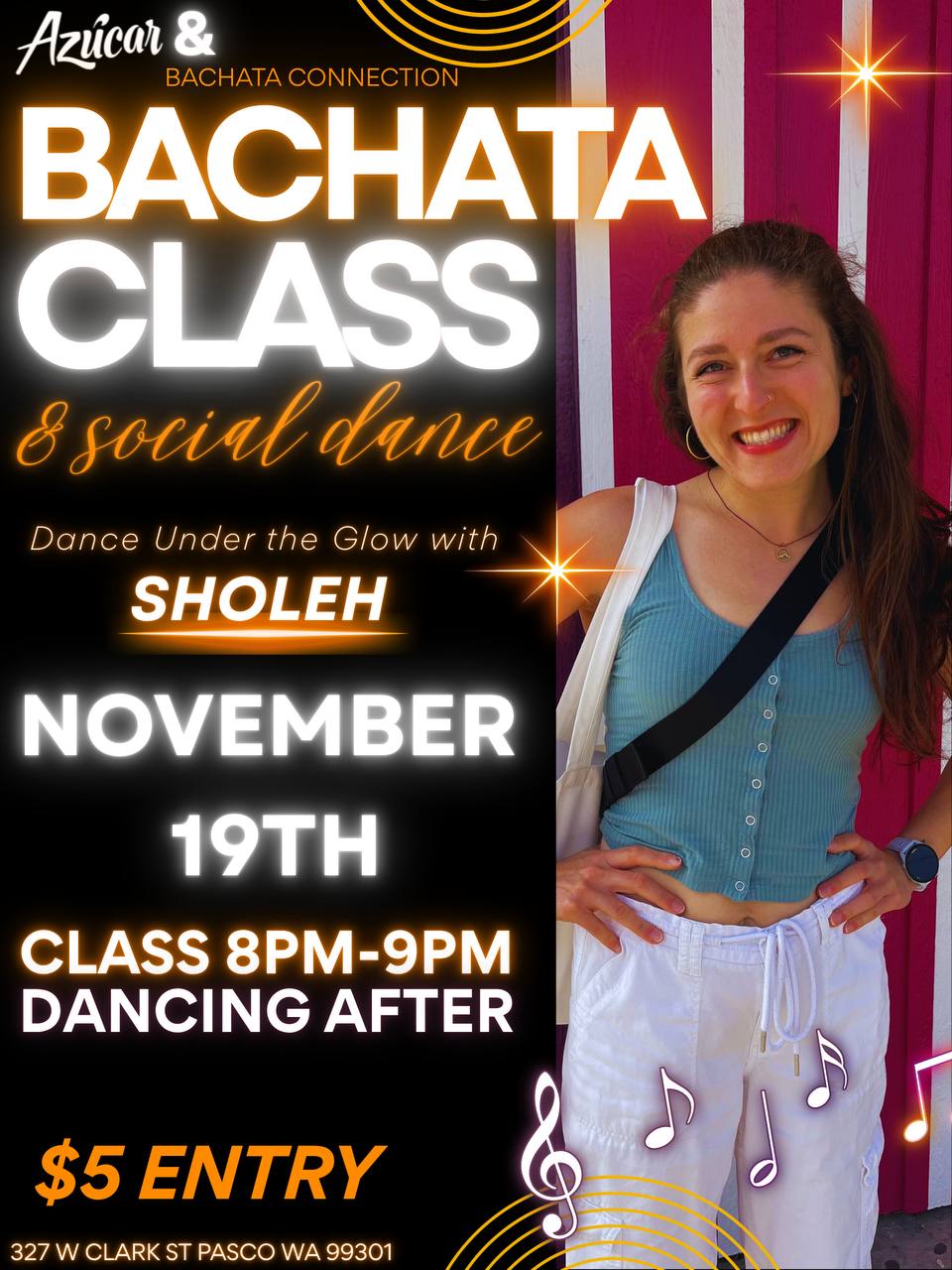 Bachata class & social dance flyer — Azúcar, Pasco WA
