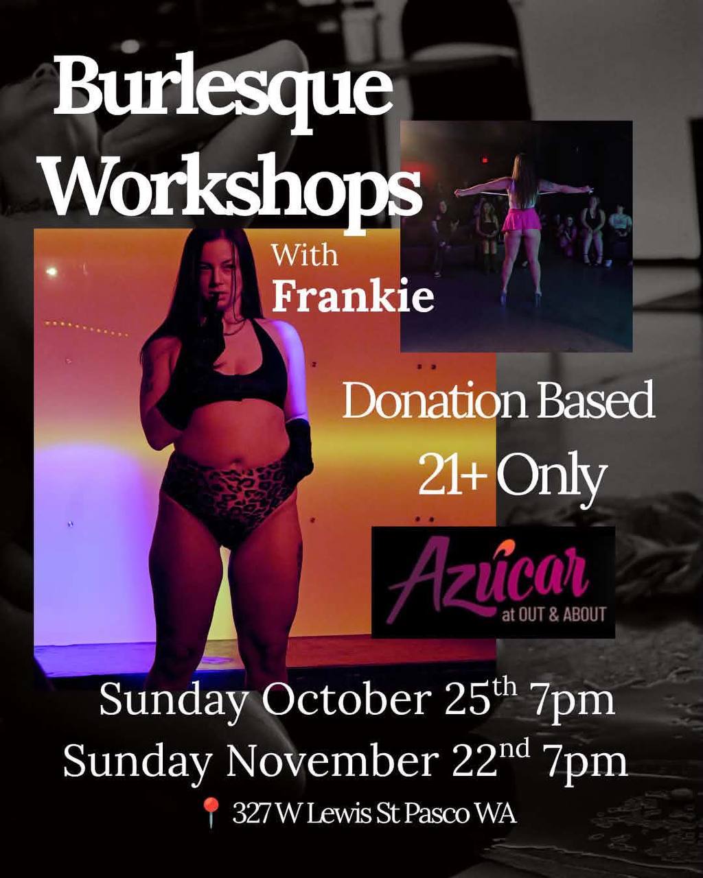 Burlesque Dance Workshop flyer — Azúcar, Pasco WA